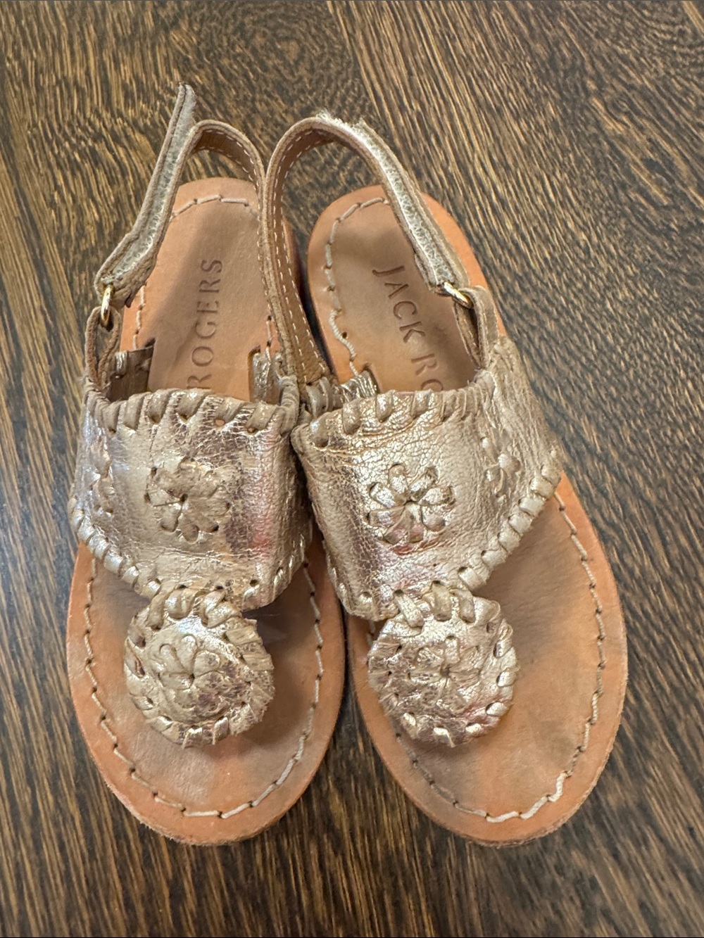 Jack Rogers Kids Metallic Gold Leather Thong Sandals with Rosette